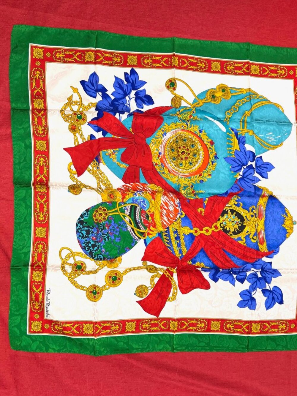 New W/Box Italy Made Renato Balestra 100% Silk Scarf 34" Green Ivery Red (66) - Picture 9 of 15